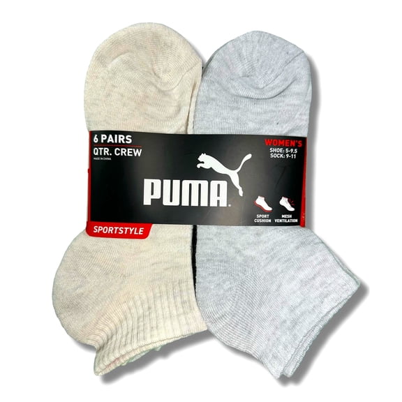 PUMA SOCKS WOMEN'S - QUARTER - FERN 253 - CREAM GREY - SHOE SZ 5-9.5 -PACK 6