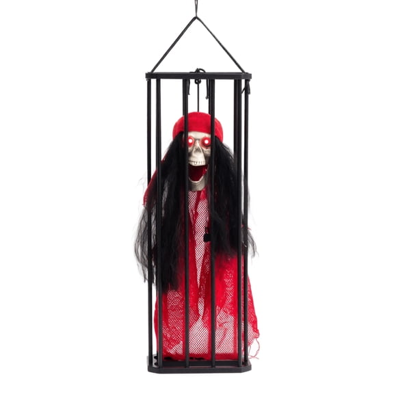Hanging Halloween Skeleton Ghost Decor 17 Inch Light Up Animatronic Caged Spooky Figure for Haunted House Graveyard Indoor and Outdoor Halloween Decoration, 1 Piece
