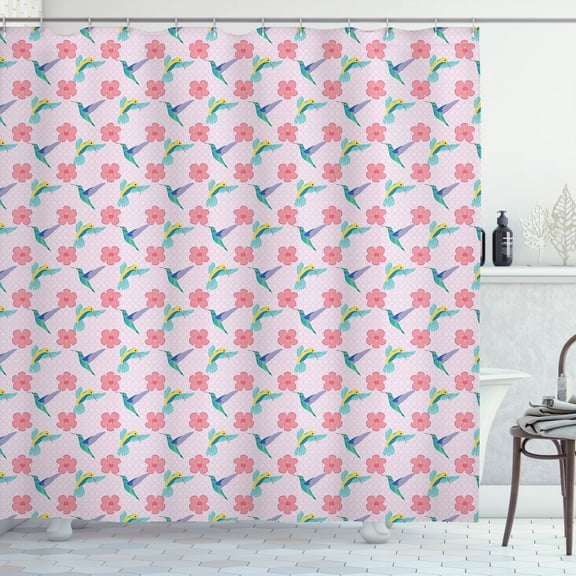 Ambesonne Birds and Nature Shower Curtain, Dreamy Hummingbird, 69"Wx70"L, Dark Seafoam Pastel Pink