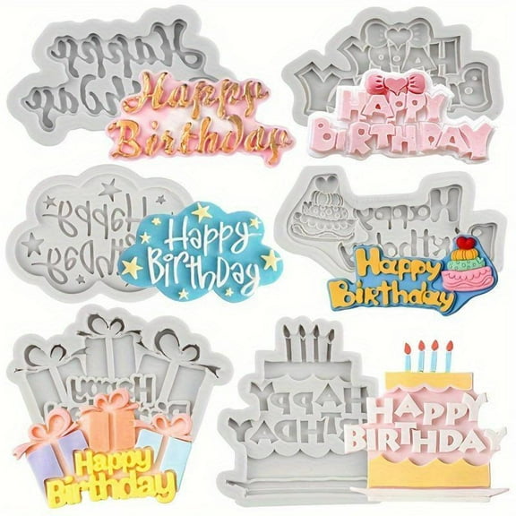 6 Pieces Happy Birthday Baking Molds Birthday Alphabet Silicone Fondant Mold For Cake Decorating Cupcake Topper Chocolate Candy Gum Paste Polymer Clay