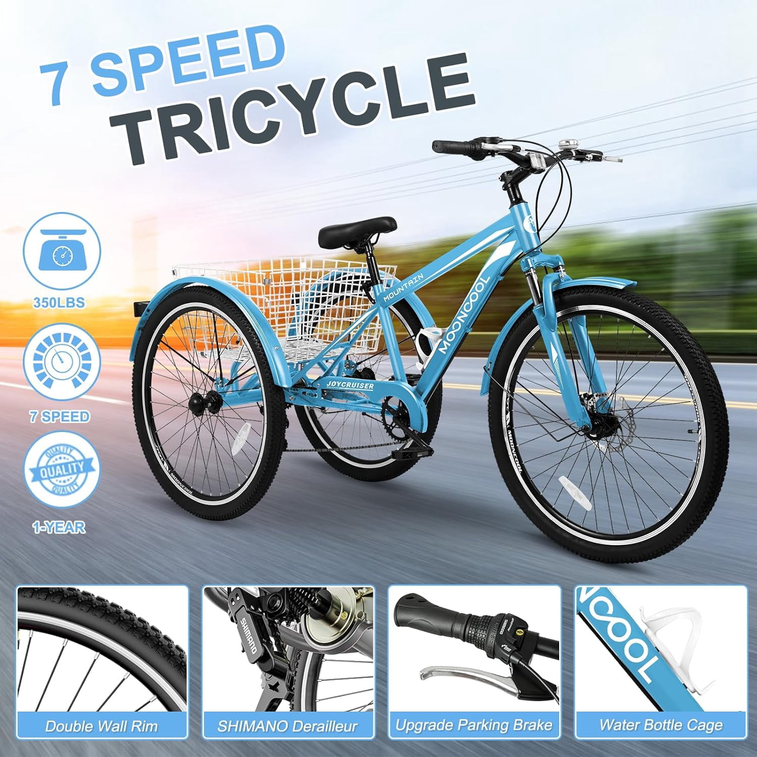 Lilypelle Mountain Tricycle for Adults, MTB 7 Speed Three Wheel Bike, 24/26/27.5 Inch Adults Trikes w/ Disc Brake & Cargo Basket for Women, Men, Seniors
