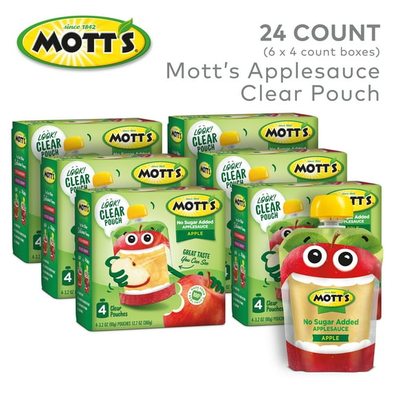 Mott's No Sugar Added Applesauce, 3.2 oz, 24 Count Clear Pouches (6 Packs of 4)