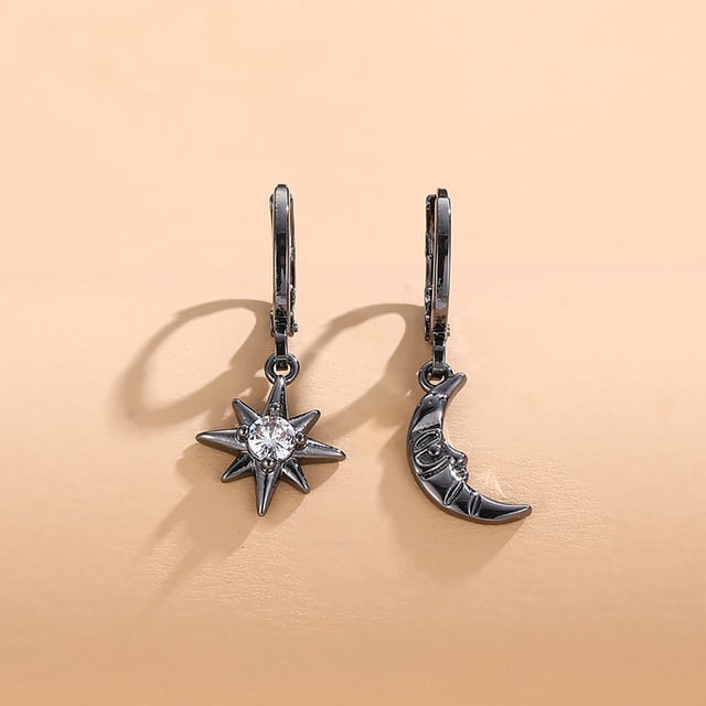 Pendientes con hebilla para la oreja con personalidad, temperamento, estrella, luna, asimétricos, de un solo diamante, estilo europeo y estadounidense