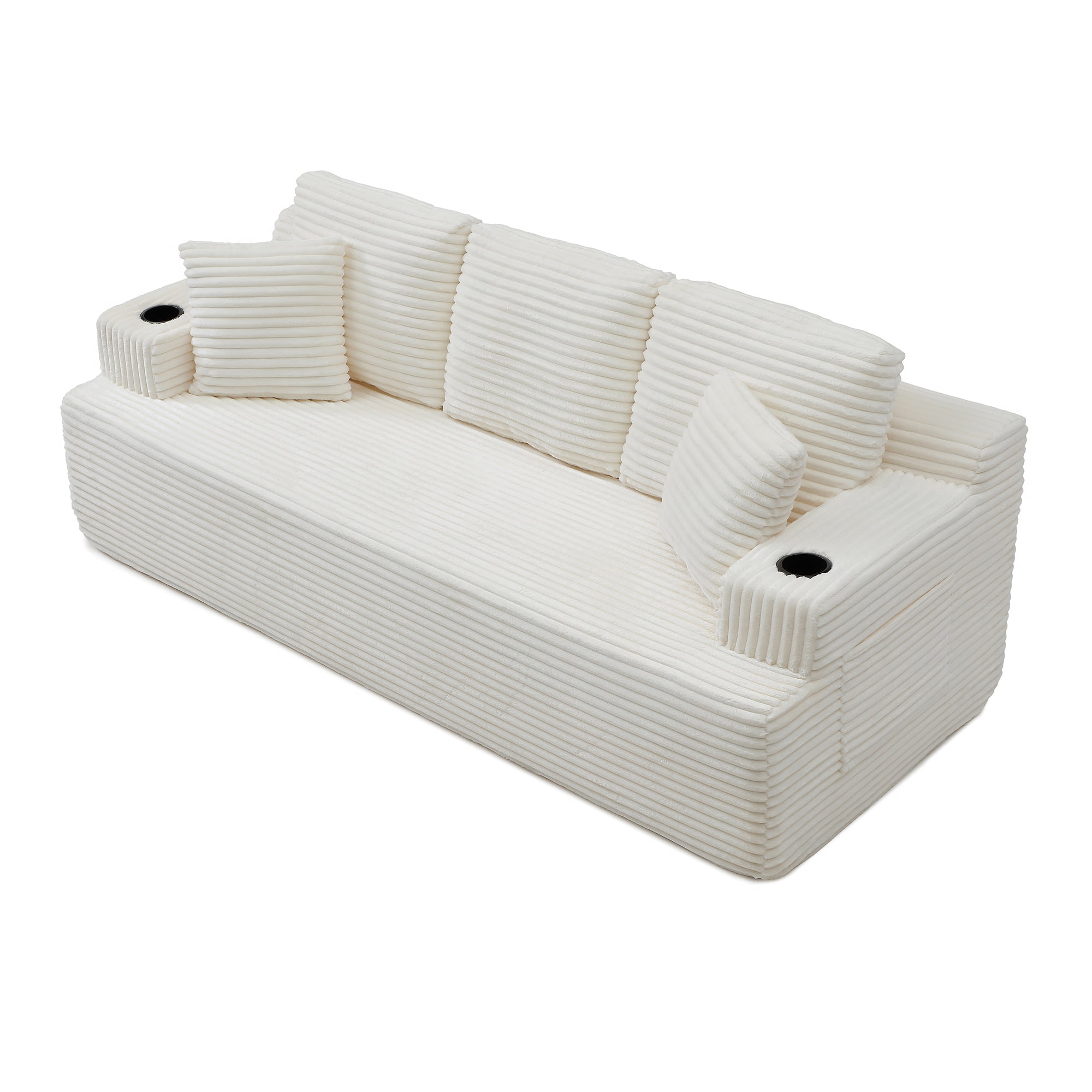 Boneless Sofa, 3-Seater Floor Couch with Cup Holders and Side Pockets, Corduroy Fabric No Assembly Sofa for Living Room or Dorm, 86.2 Inch, Beige