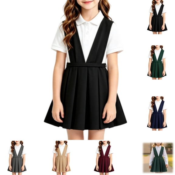 YOUYEDIAN Back to School Uniform Dresses for Girls Sleeveless V Neck Pleated Dress