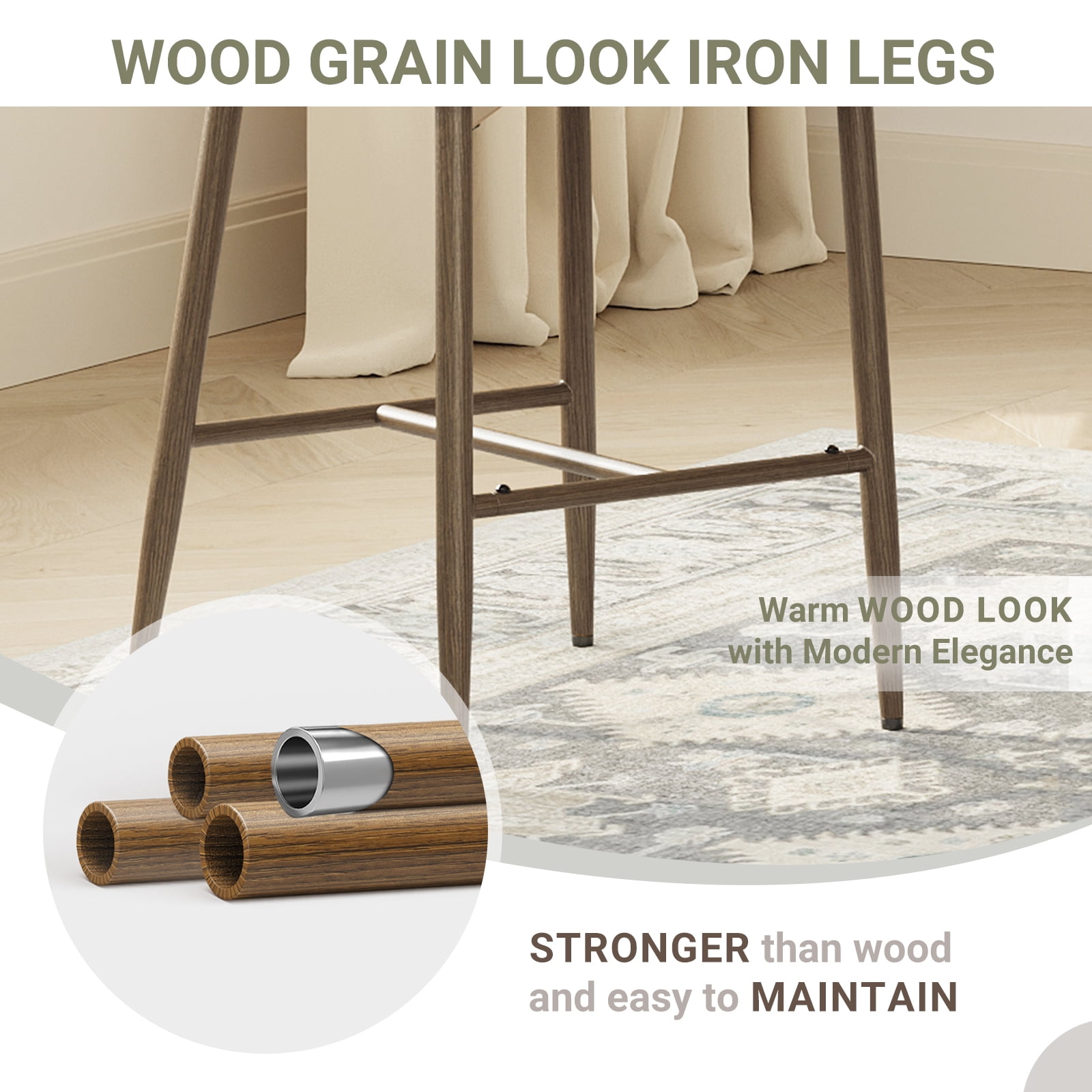 AFO Counter Height Bar Stools Set of 4, Modern Upholstered Kitchen Island Chairs with Back, Wood Grain Metal Legs, Beige