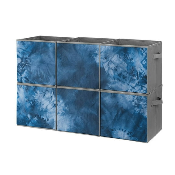 Collapsible Oxford Fabric Storage Cubes with Handles, Large Mid Foldable Oxford Cloth Bins Set of 2/6, Closet Organizers for Shelves Clothes Home Kitchen Toy - Tie-Dye Blue