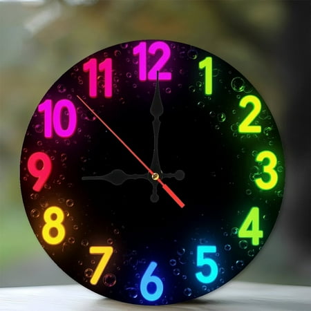 LED Neon Colorful Wall Clock for Home Decor 10-Inch Silent Wooden Wall Clock, Battery Operated (AA Batteries Not Included), Artistic Home Decor
