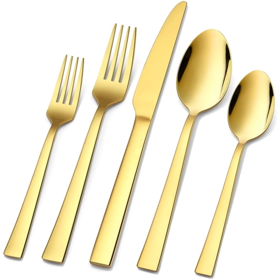 60-Piece Gold Silverware Set, Vesteel Stainless Steel Flatware Set Service for 12, Cutlery Eating Utensil Set Includes Dinner Forks/Spoons/Knives, Square Edge & Mirror Polished, Dishwasher Safe