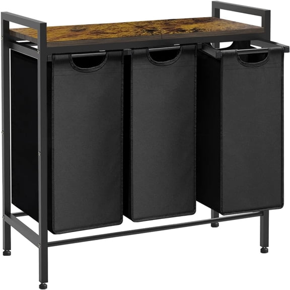 Large Laundry Hamper Sorter with 3 Removable & Pull-Out Sorting Bags, Wooden Top Shelf, Versatile Laundry Basket Organizer for Laundry Room, Bathroom, Dorm, 8 * 3 Gal, Black