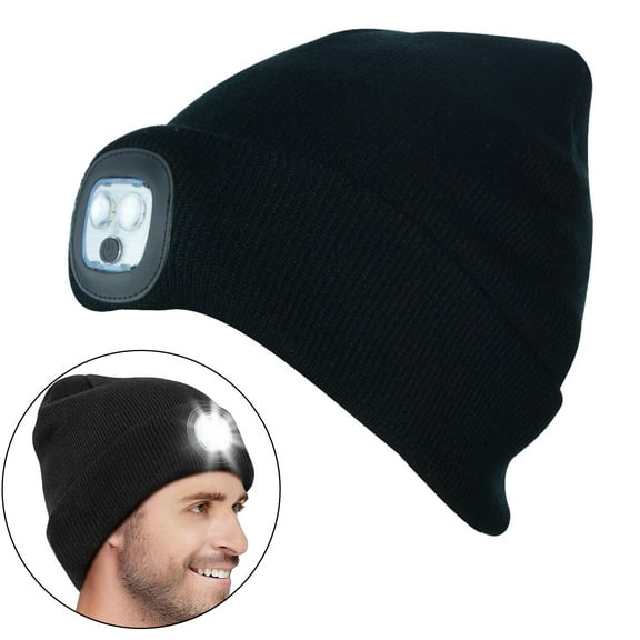 Beanie Hat with Light, Headlight Flashlight Winter Warm Knitted Hats for Running Hiking Unisex Gifts for Dad Mom Husband (Black)