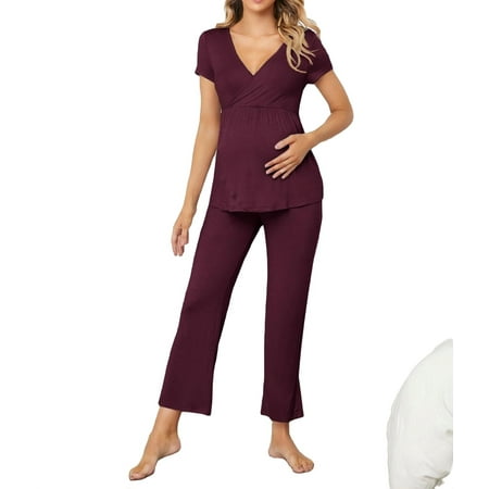 

Maternity Loungewear Casual Plain Deep V Neck Pant Sets Maroon L