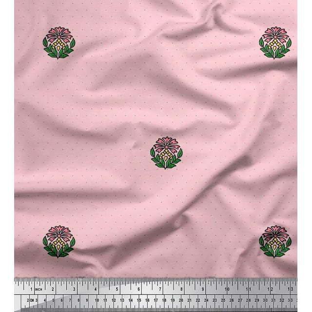 Soimoi Crepe Silk Fabric Dot,Leaves & Floral Block Print Fabric by Yard 42 Inch Wide
