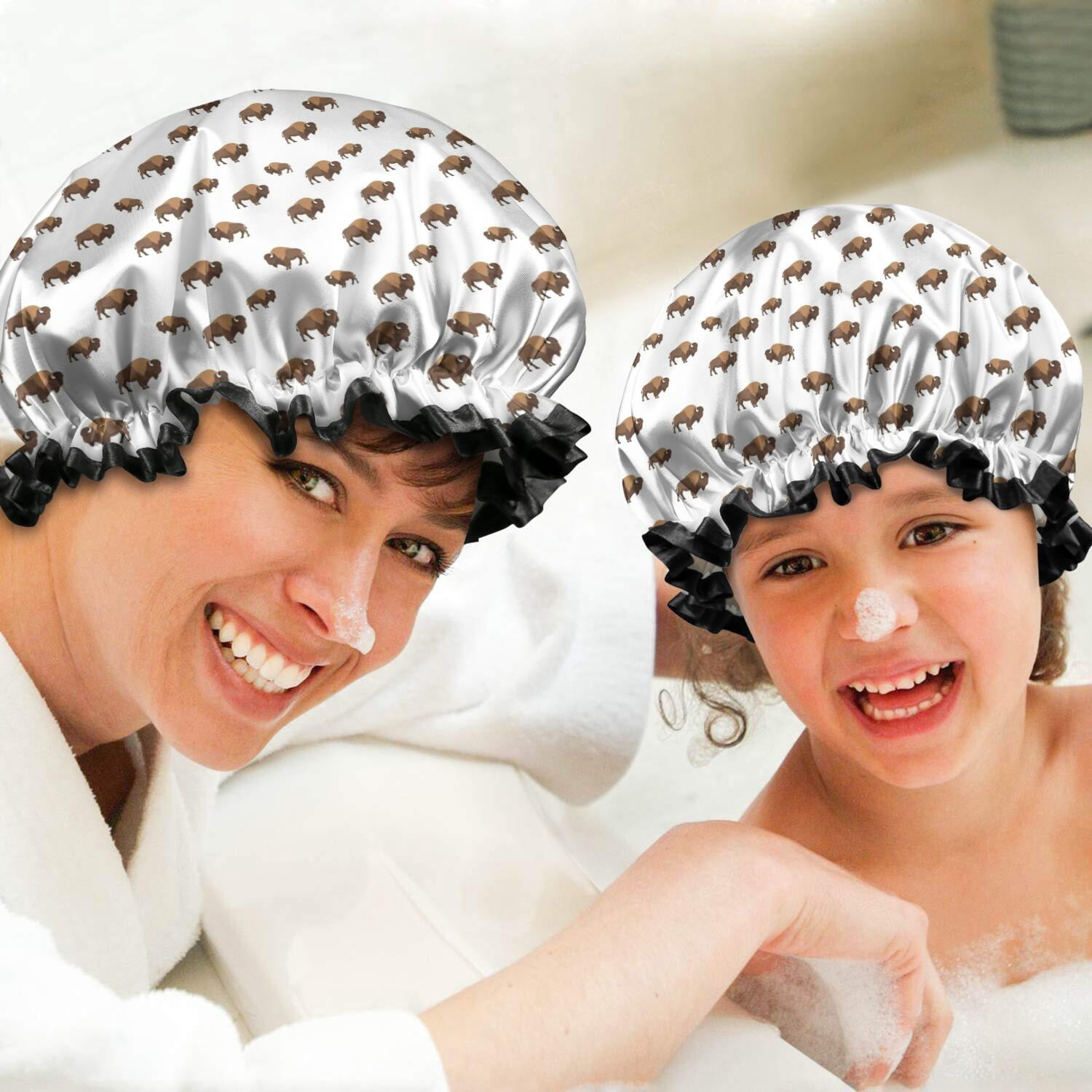 Shower Caps,White Buffalo Pattern Waterproof Shower Cap for Women 4 Pieces,Double Reusable Hair Cover for Shower PEVA Elastic Stretch Hem
