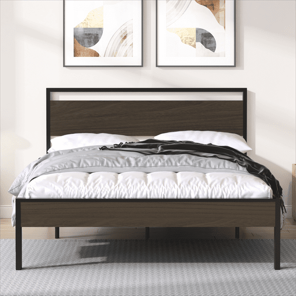Veryke Bed Frame, Heavy Duty Metal&Wood Frame Platform Bed Frame, Mattress Foundation, Queen Size, Black