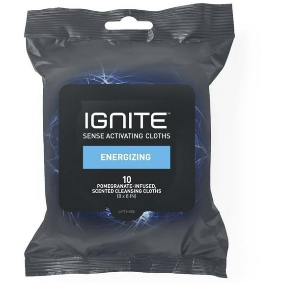Ignite Mens Body Wet Wipes, Extra Thick 8"x 8" Shower Wipes, Energizing Scent, 10 Count