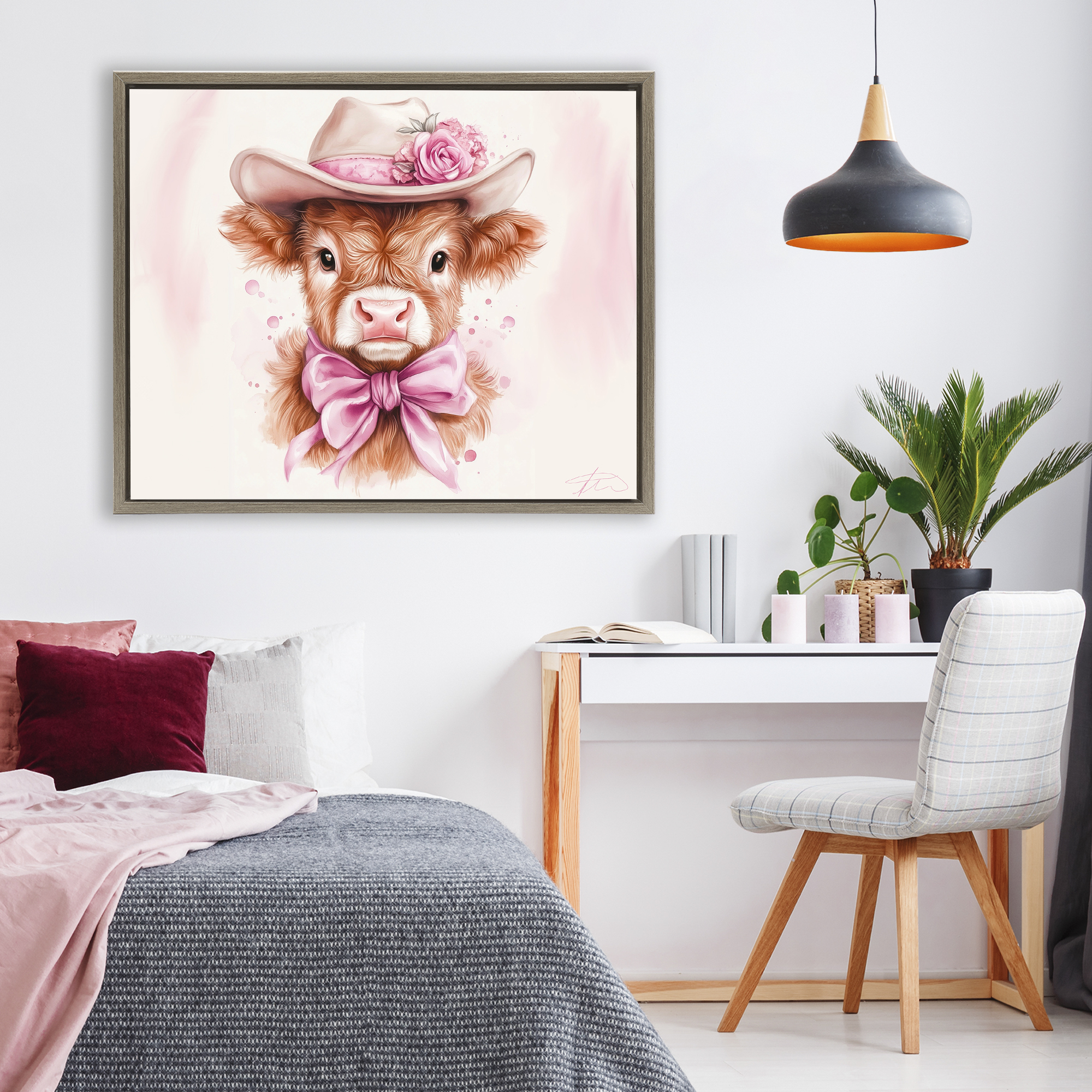 Pretty In Pink Cow Brown Framed Floater Canvas Wall Art, design by Shawna Stewart