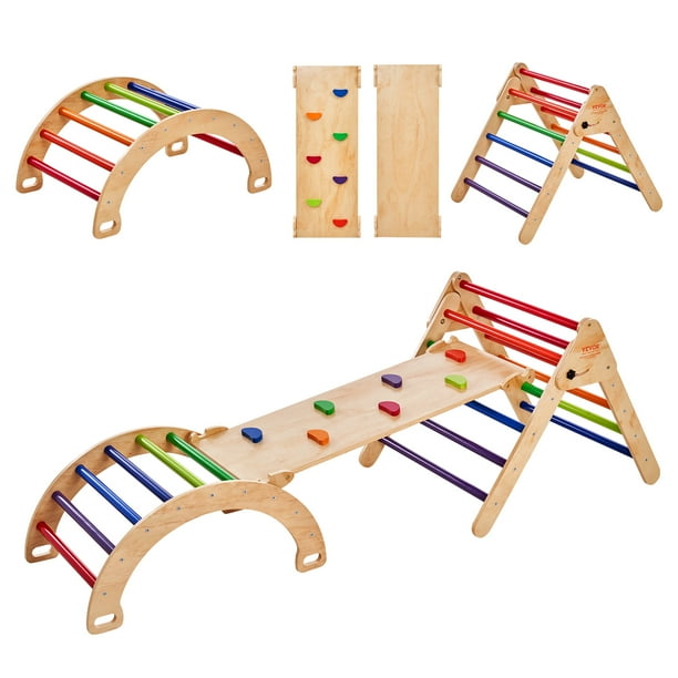 VEVOR Pikler Triangle Set, 5 en 1 juguetes de escalada para niños pequeños, juego de escalada Montessori con triángulo, rampa y arco, gimnasio de escalada de madera de gran tamaño
