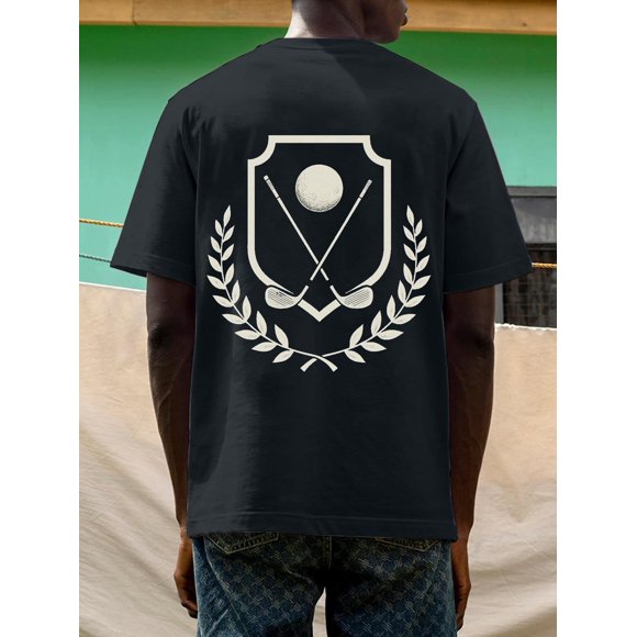 T-Shirt Graphique de Golf Décontracté pour Hommes - Manches Courtes, Col Rond, Noir avec Imprimé Bouclier de Golf Blanc, Mélange de Polyester Léger