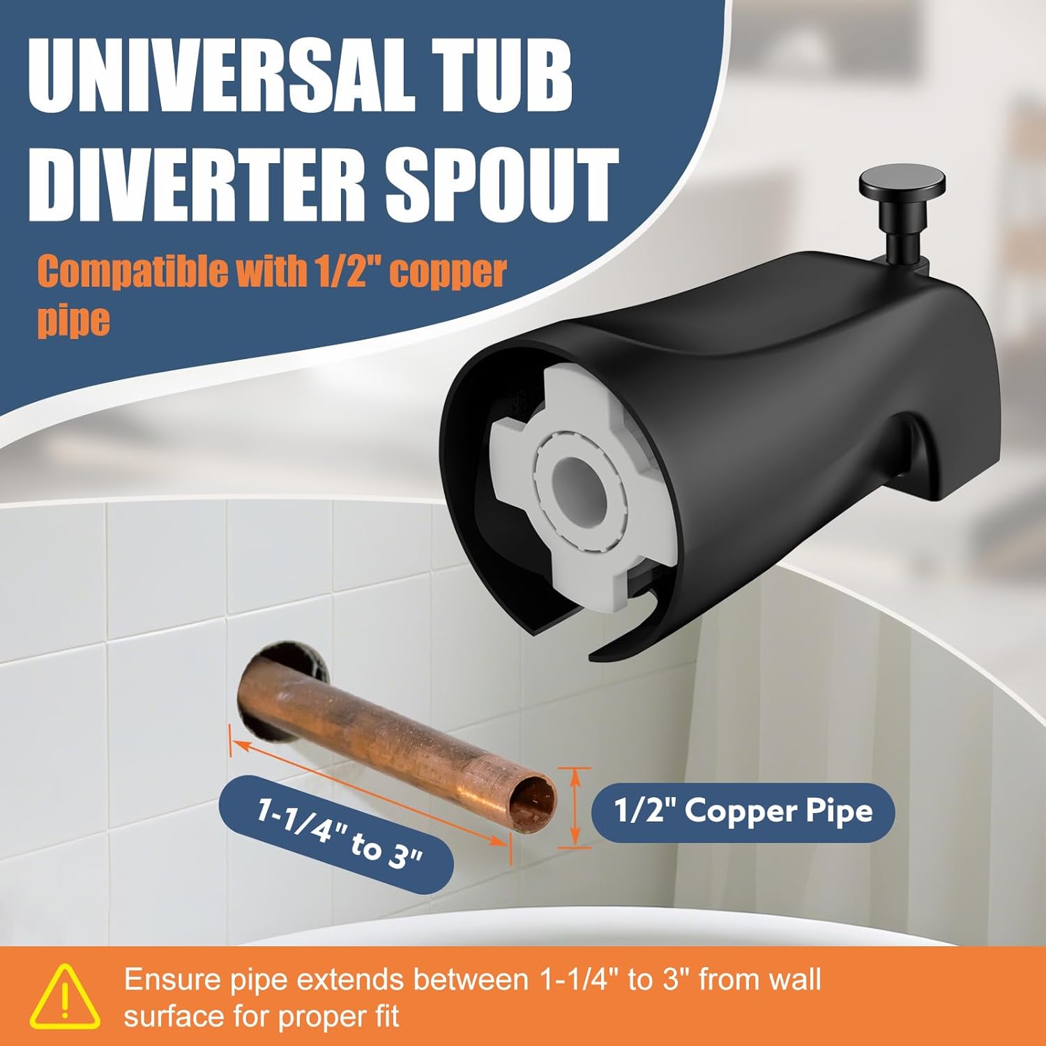 Universal Bathtub Tub Spout with Diverter, Fits 1/2" Slip-Fit Copper Pipe Connection, Pull Down Bathtub Faucet Spout Replacement, Easy Installation (Matte Black)