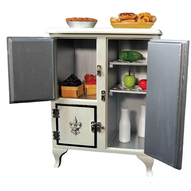 The Queen's Treasures Muebles para muñecas de 18 pulgadas, nevera de madera estilo americano de los años 30 para almacenamiento de alimentos en la cocina, se adapta a muñecas American Girl de 18 pulga