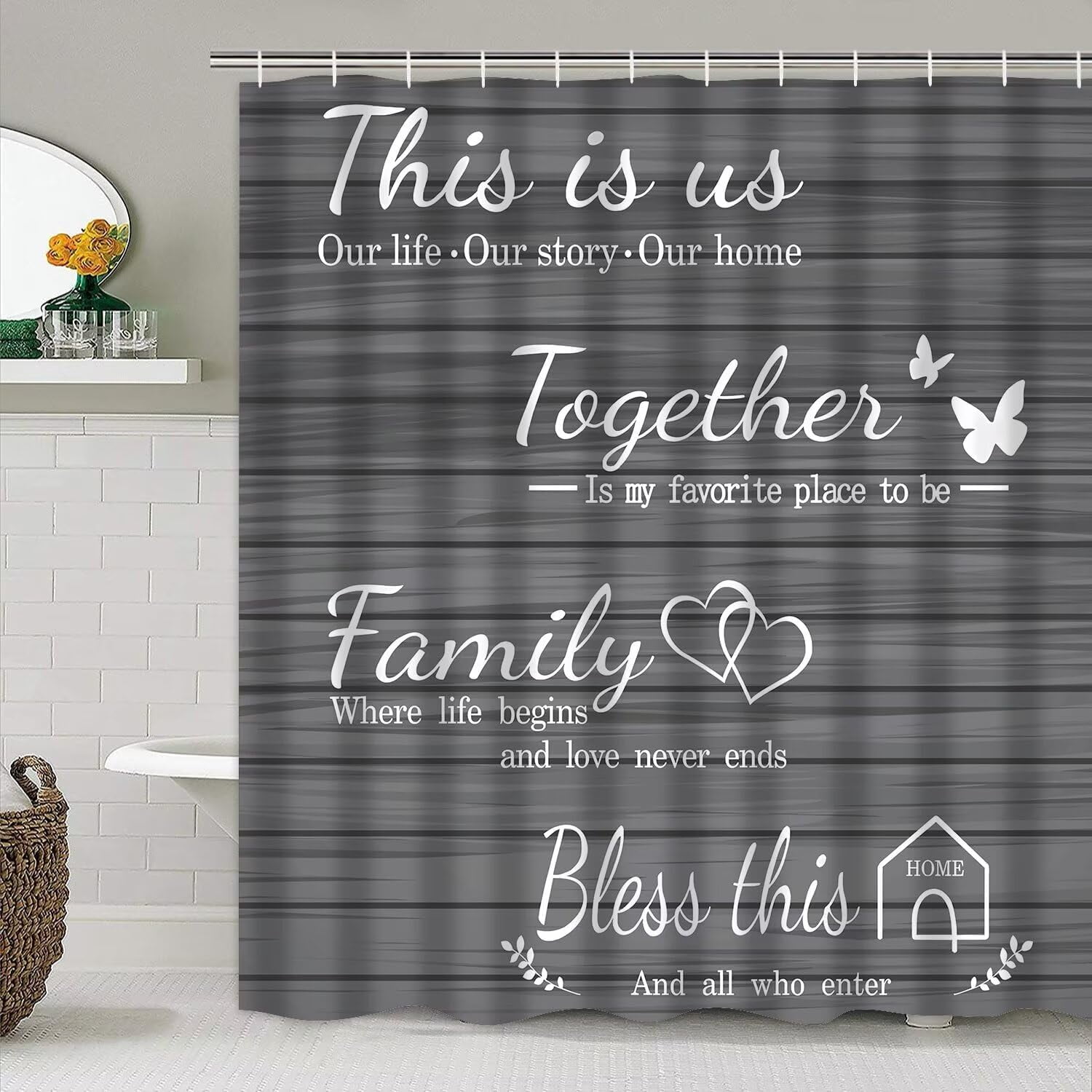 Family Shower Curtain Set Black Home Bathroom Set with Shower Curtain and Rugs and Accessories Bathroom Decor Curtain with 12 Hooks