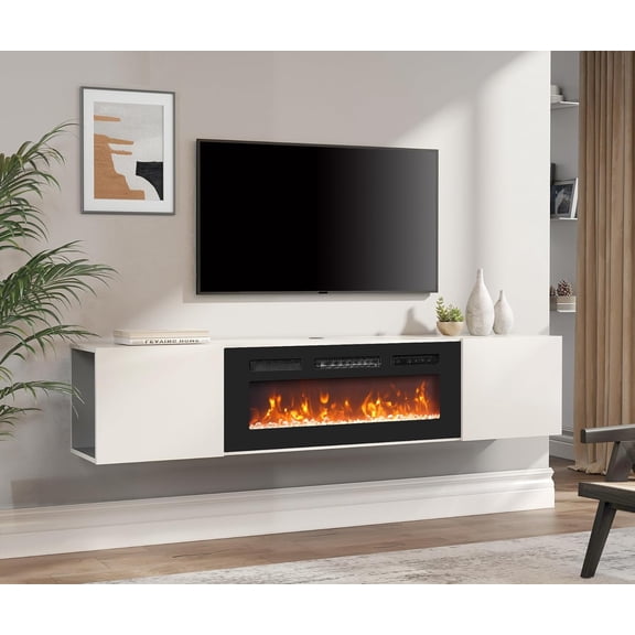 WMAPAT Modern Floating TV Stand With Electric Fireplace, Media Console for TVs up to 80", Wood Entertainment Center With 37" Fireplace, Shelf Cabinet for Living Room, Bedroom, White