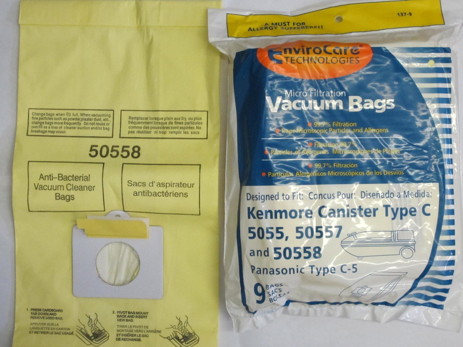 50557 and Panasonic Type C-5 6 pack 50558 Envirocare Replacement Allergen Vacuum Bags for Kenmore Canister Type C and Q 50555