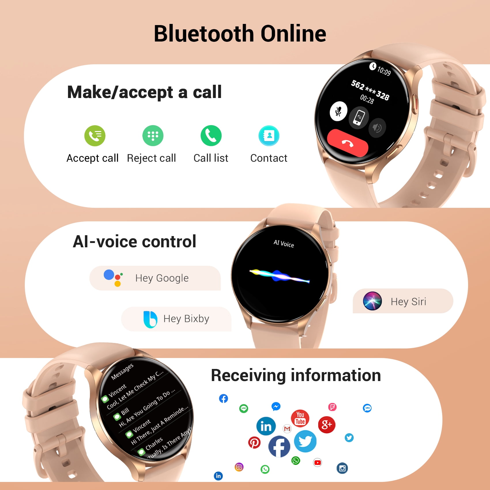 Blackview Smart Watch for Women, 1.43" AMOLED Fitness Tracker Watch with Bluetooth Call, 100+ Sports Modes, AI Voice Assistant, 2 Straps, Waterproof Smartwatch for Android iPhone, Gold