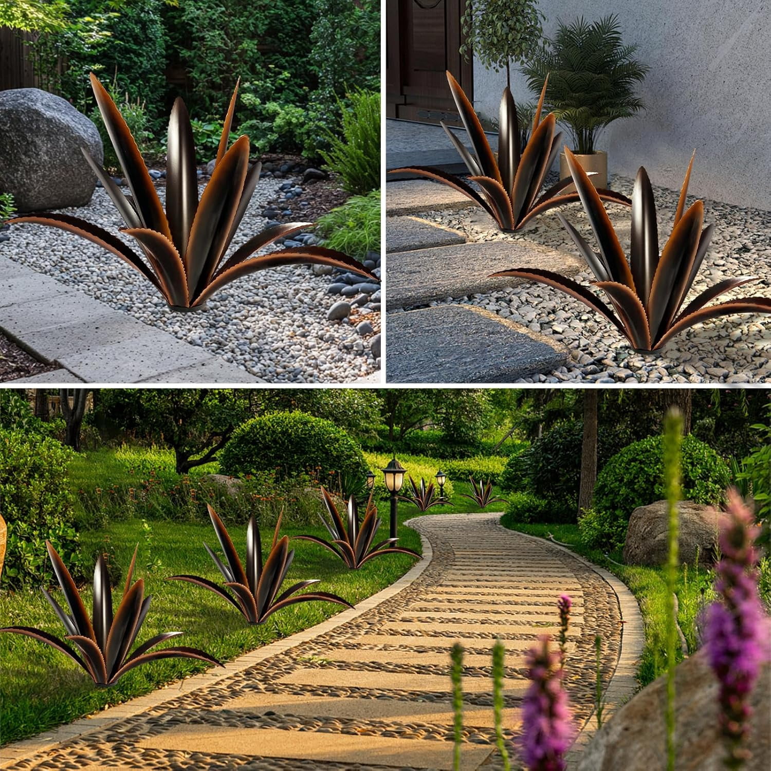 Enlarge Thickened Wind Resistant Metal Agave Garden Art Plant Country Garden Sculpture Statue Outdoor Decoration Agave Metal Plant Courtyard Ornament Gift (2, 12 Leaves Black)