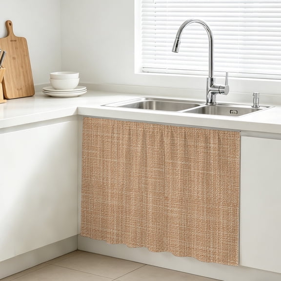 Tan Linen Cabinet Curtains for Kitchen 11"W x 13"L, Rustic Boho Natural Sand Fiber Vanity Cabinet Curtains Magic Tape Short Curtain Decor Privacy Panel for Bathroom Laundry