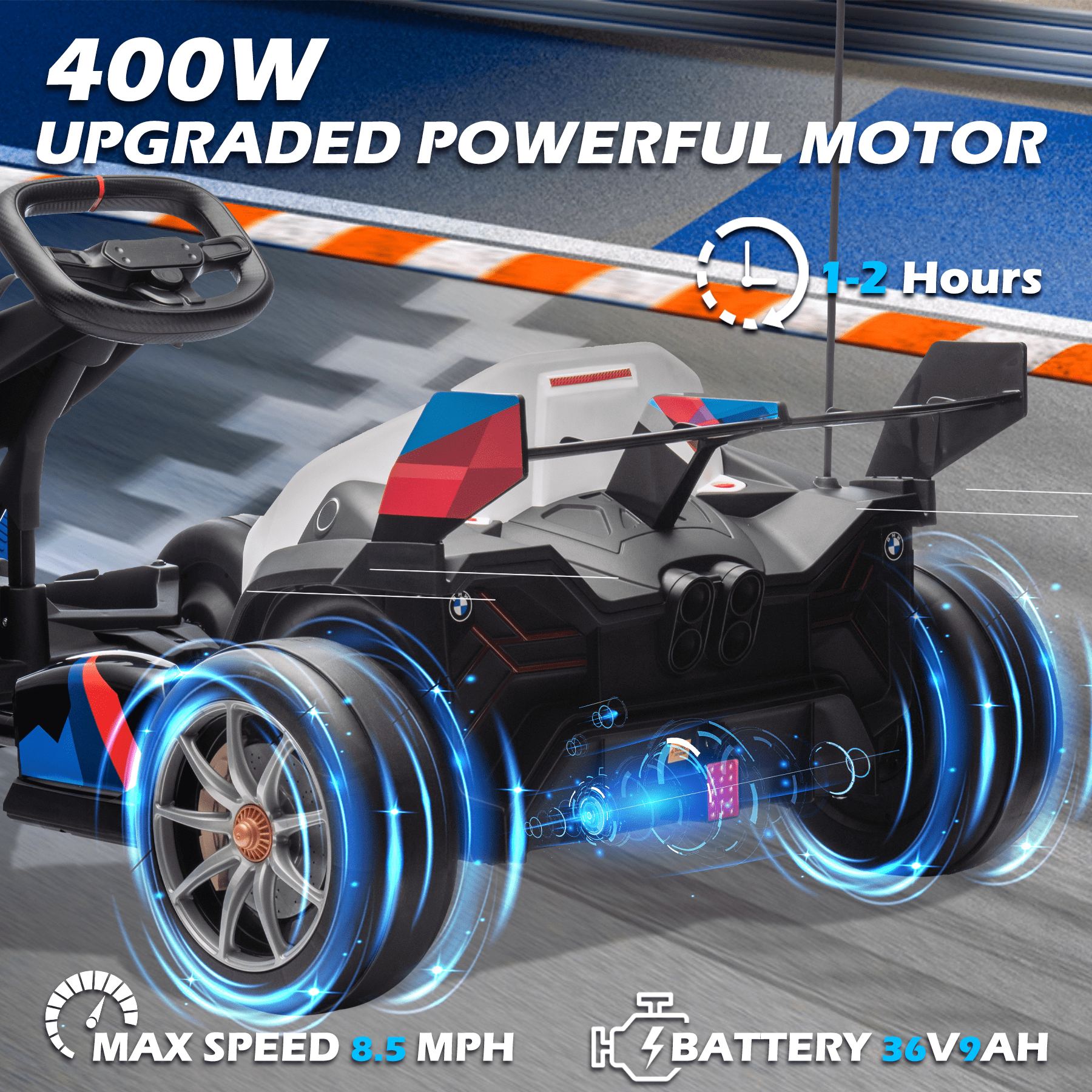 NEECHIPRO 36V Licensed BMW Electric Go Kart , 400W Powerful Motor Racing with Drift Race Pedal,for Kids Age 6+, 8mph,Black