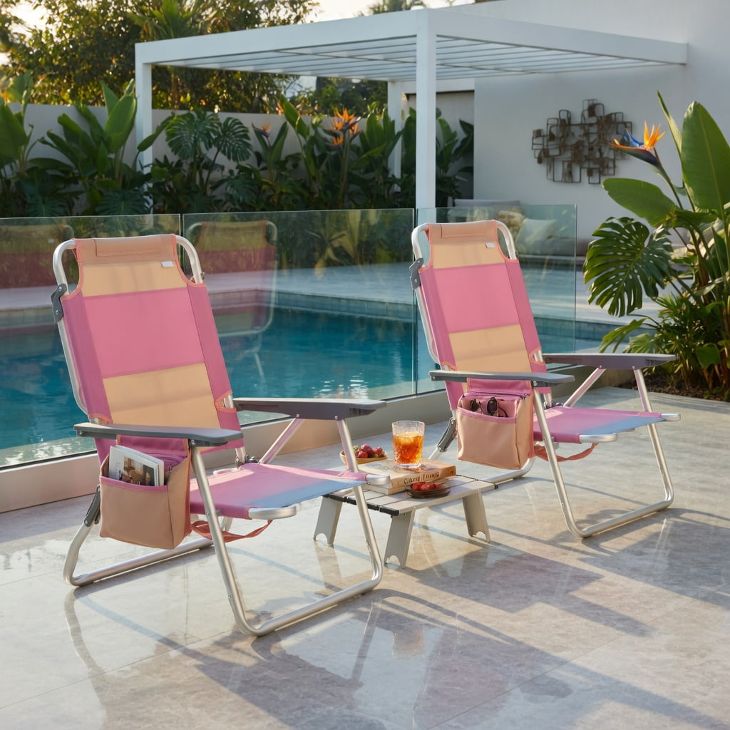 Hommoo 2-Pack Adjustable 5-Position Aluminum Beach Chair Set with Folding Side Table, Lightweight Portable Camping & Outdoor Reclining Chairs, Pink
