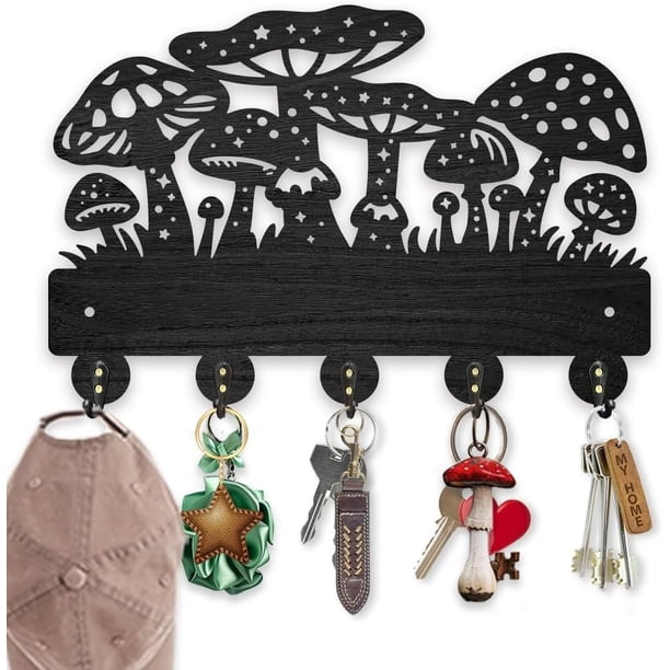 Gancho para llaves de madera con forma de hongo para pared, 30 x 19 cm, con temática mágica, con 5 ganchos de aleación, diseño negro