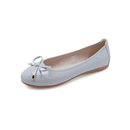 

Tenmix Ladies Loafers Slip On Ballet Flat Bow Tie Flats Round Toe Boat Shoe Women Anti-Slip Breathable Casual Shoes Gray Patent Leather 5