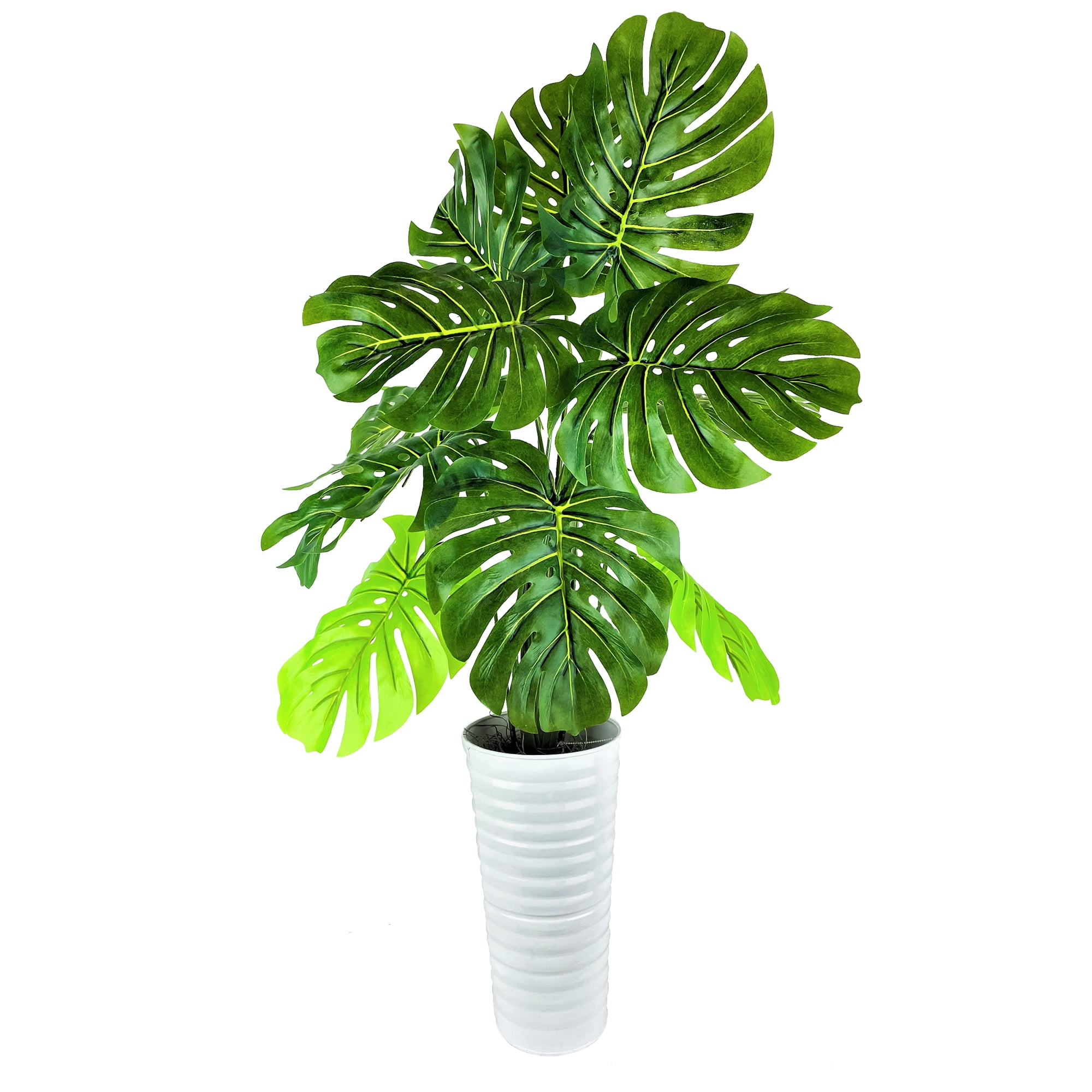 LCG Florals Artificial Plant, Monstera Plant, 3 ft, White Ribbed Metal Planter