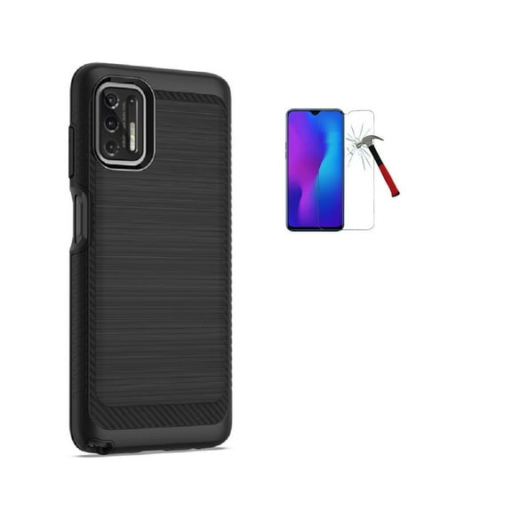 Phone Case for Motorola Moto G Stylus (2021) / Straight Talk Motorola Moto G Stylus (6.8”), Shock Resistant Brushed Texture Cover Case   Tempered Glass (Black)