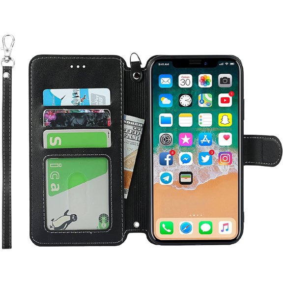 for iPhone Xs Max Wallet Case with Card Holder Slots,Kickstand Phone Cover Premium Leather Magnetic Closure Slim Flip Shockproof Wrist Strap Case for iPhone Xs Max 6.5",Black