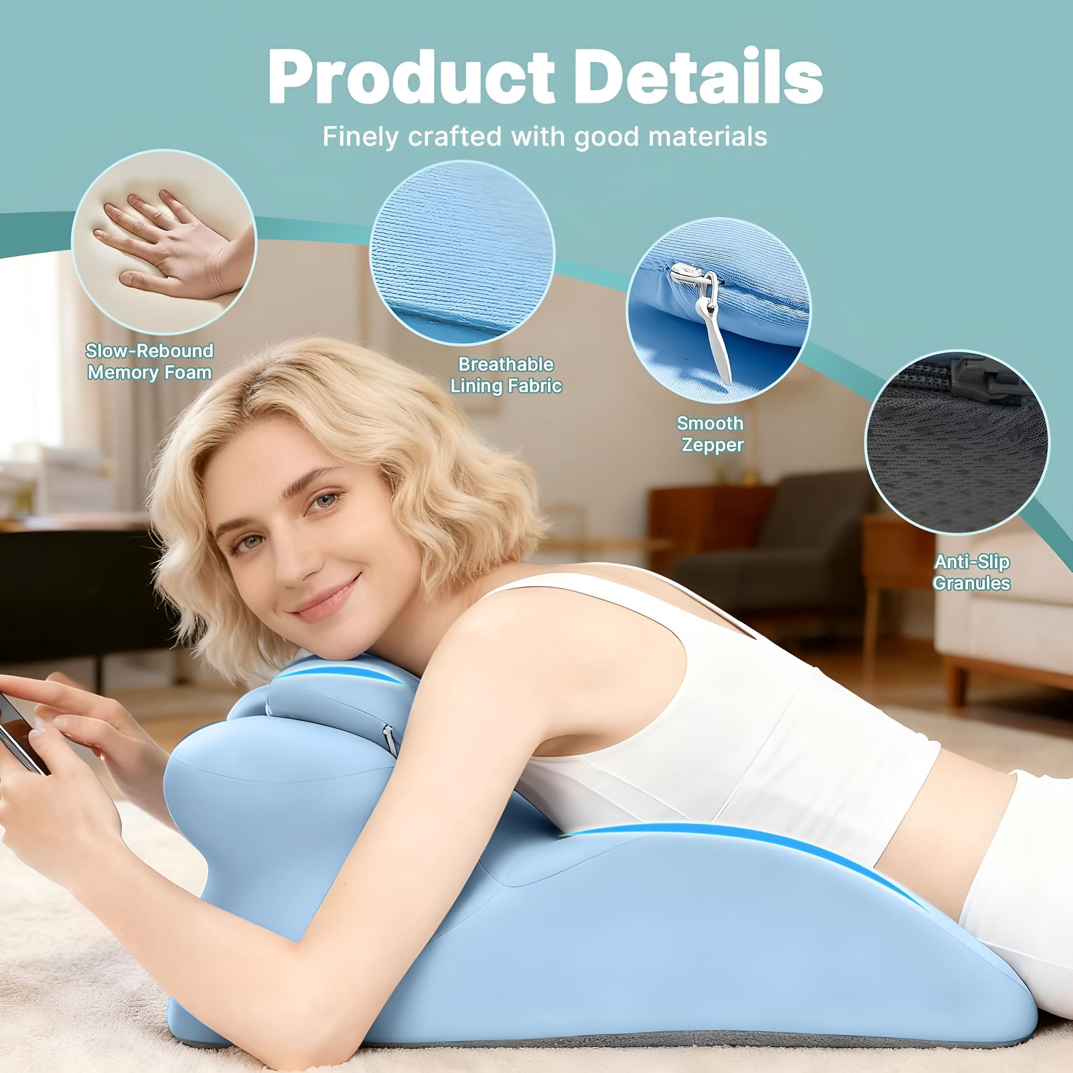 XIBUFE Ergonomic Memory Foam Wedge Pillow,Back and Neck Support Cushion,Bed Rest Reading Pillow for Sitting,Watching Tv and Home Comfort(Blue)