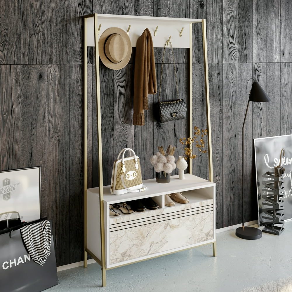 Decorotika Devin 71" Metal Hall Tree Shoe Storage Bench, Marble & Gold