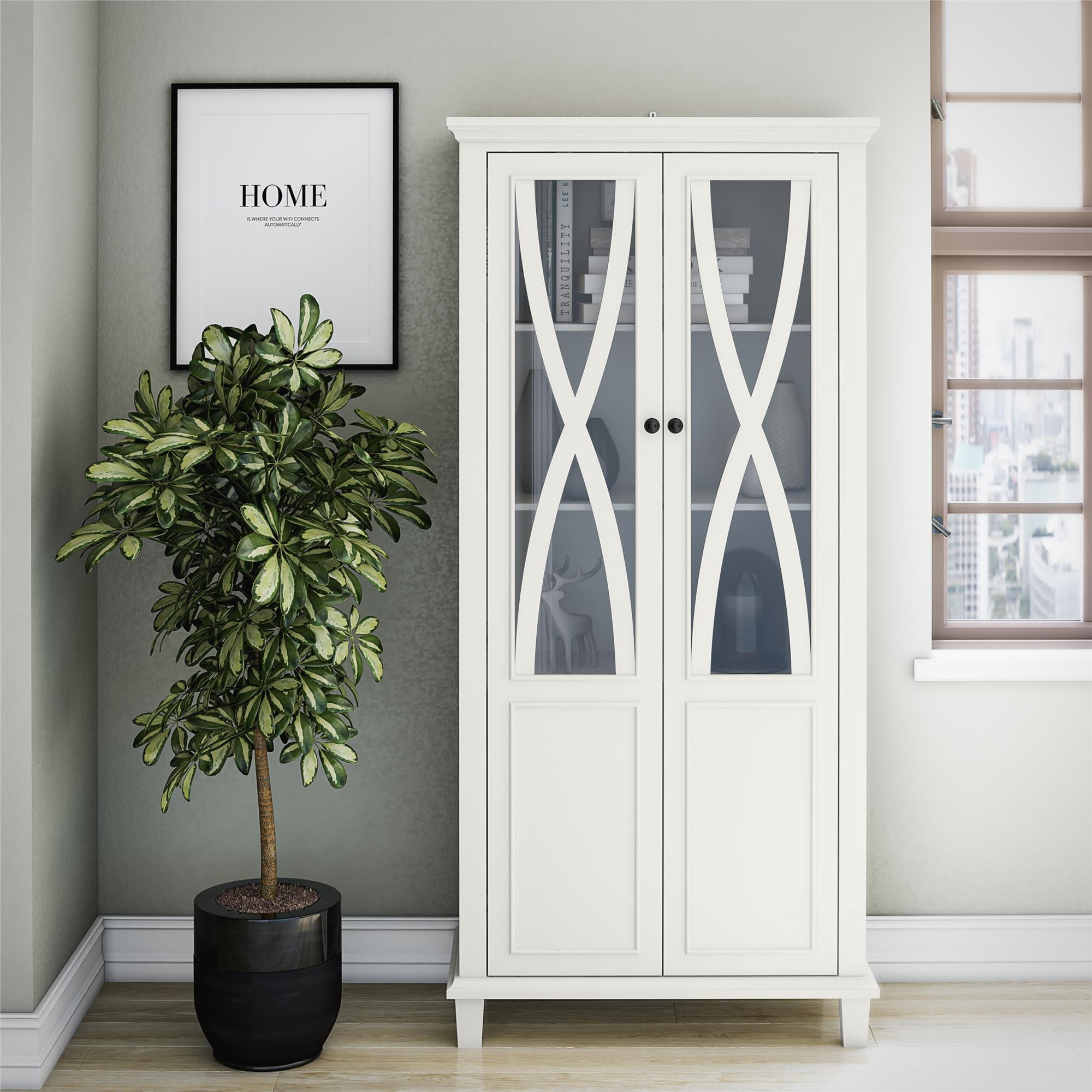 Ameriwood Home Pennington Tall Accent Cabinet with Glass Doors, White