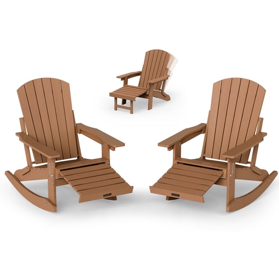 Adirondack Rocking Chair Set of 2 with Retractable Ottoman, 4-in-1 HDPE Wood Texture Adirondack Rocker Patio Rocking Chair for Patio, Porch, Teak