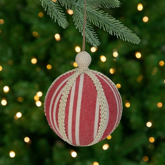 Red Striped and Ribboned Christmas Ball Ornament 6.75" (170mm)
