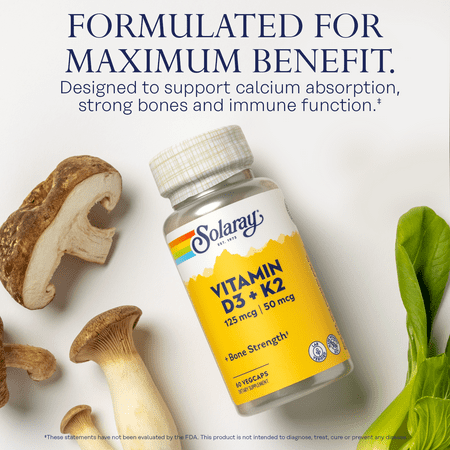 ソラレー ビタミンD3 125mcg (5000 IU) &amp; K2 50mcg ベジタブルカプセル 60粒 Solaray Vitamin D3 + K2