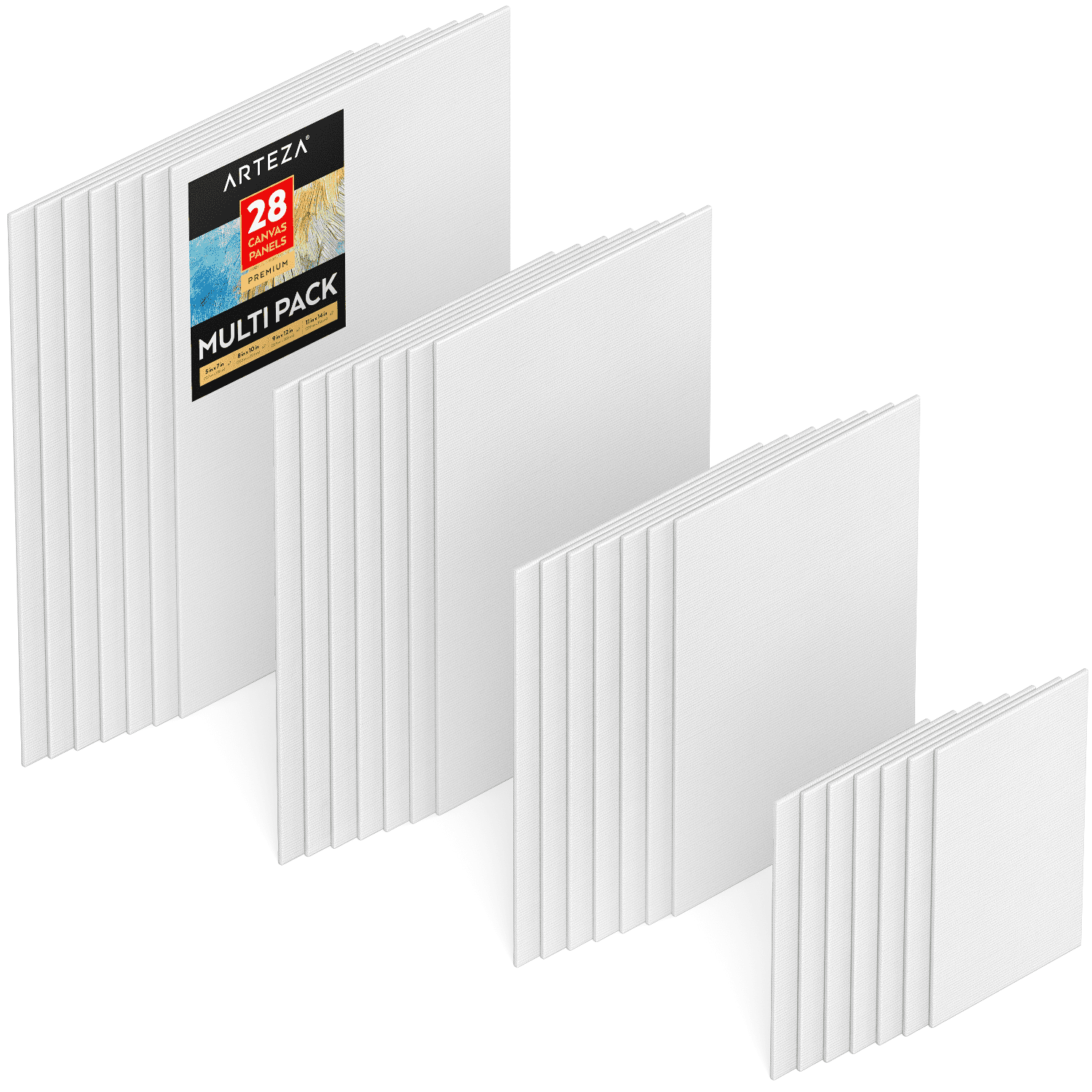 Arteza Premium Canvas Panels, White, Rectangular, Multi Value Pack Multiple Sizes, Blank Canvas Boards for Painting - 28 Pack