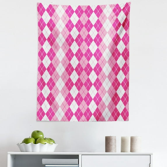 Pink and White Tapestry, Traditional Argyle Design with Rhombuses and Dashed Lines, Fabric Wall Hanging Decor for Bedroom Living Room Dorm, 5 Sizes, Pink Pale Pink and White, by Ambesonne