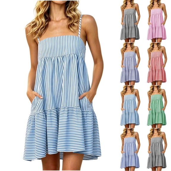 VBVC Women's Striped Spaghetti Strap Tiered Mini Dress , Summer Casual Sleeveless Sundress For Women , Ladies' Ruffle Beach Dress with Pockets,Black,S-2XL