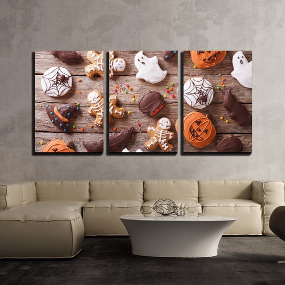 wall26 - 3 Piece Canvas Wall Art - Festive Gingerbread Halloween on The Table. Horizontal View from Above - Modern Home Art Stretched and Framed Ready to Hang - 24"x36"x3 Panels