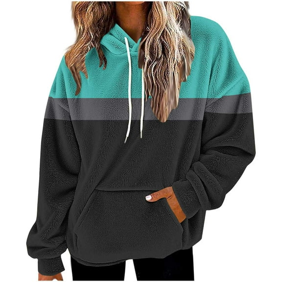 Women's Fleece Hoodies Trendy Color Block Long Sleeve Sweatshirts Drawstring Pullover Tops with Pocket Casual Loose Tops (L, Black-1)