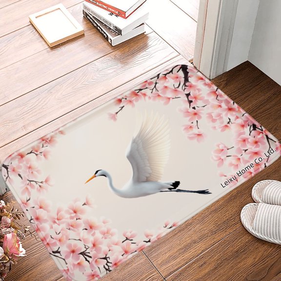 FJPT Non Slip Flannel Polyester Floor Mat With Crane And Cherry Blossom Design For Bathroom Kitchen Bedroom Decor 31.5x19.7 inch